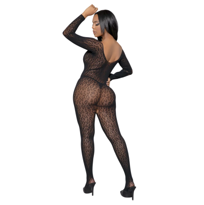 Bodystocking Sexy in Rete Catsuit Off-Shoulder con Maniche Lunghe Cavallo Aperto