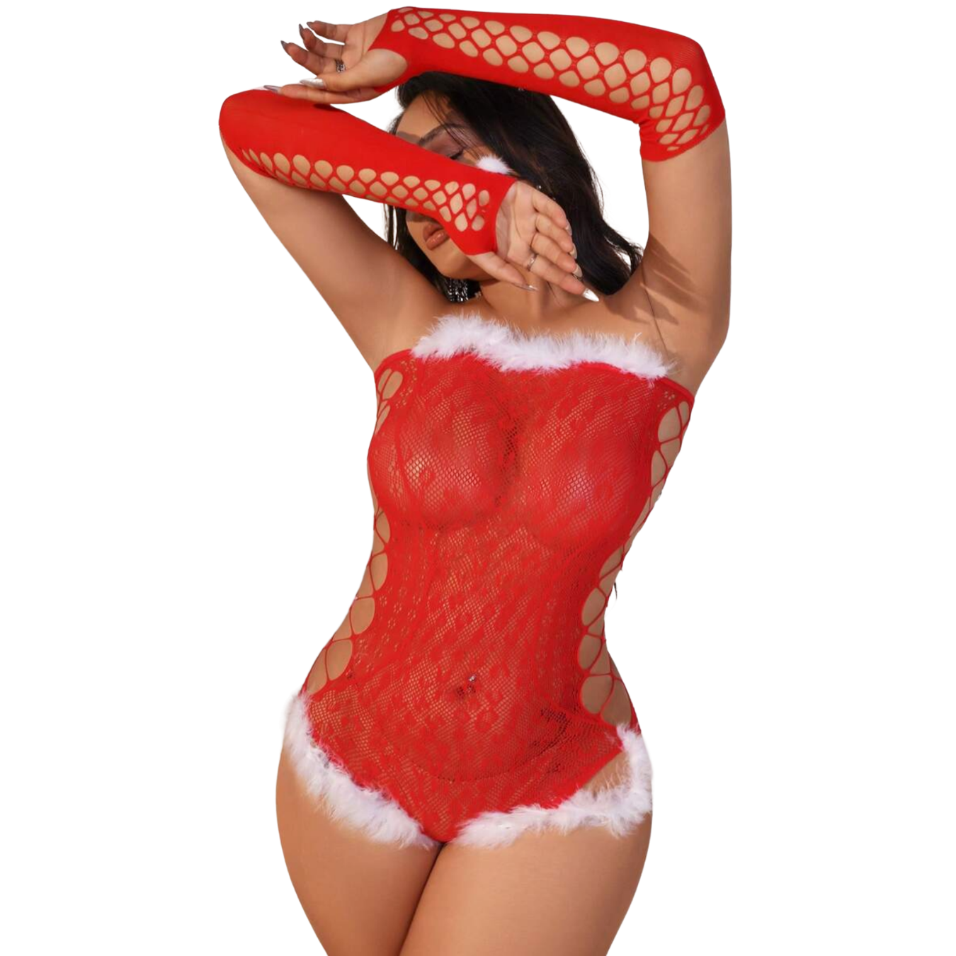 Body Natale Sexy Rosso in Rete con Polsini | Lingerie Natalizia