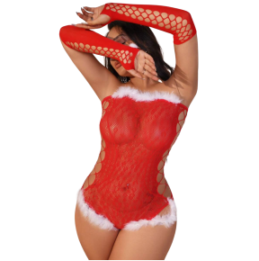 Body Natale Sexy Rosso in Rete con Polsini | Lingerie Natalizia