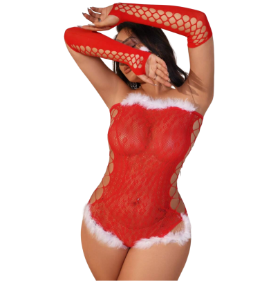 Body Natale Sexy Rosso in Rete con Polsini | Lingerie Natalizia