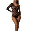 Body Sexy Nero a Rete Monospalla Trasparente Asimmetrico con Manica Lunga Strass