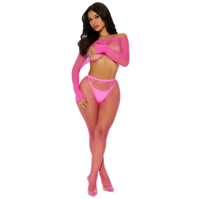 Completo Sexy Donna Fucsia 2 Pezzi a Rete Trasparente