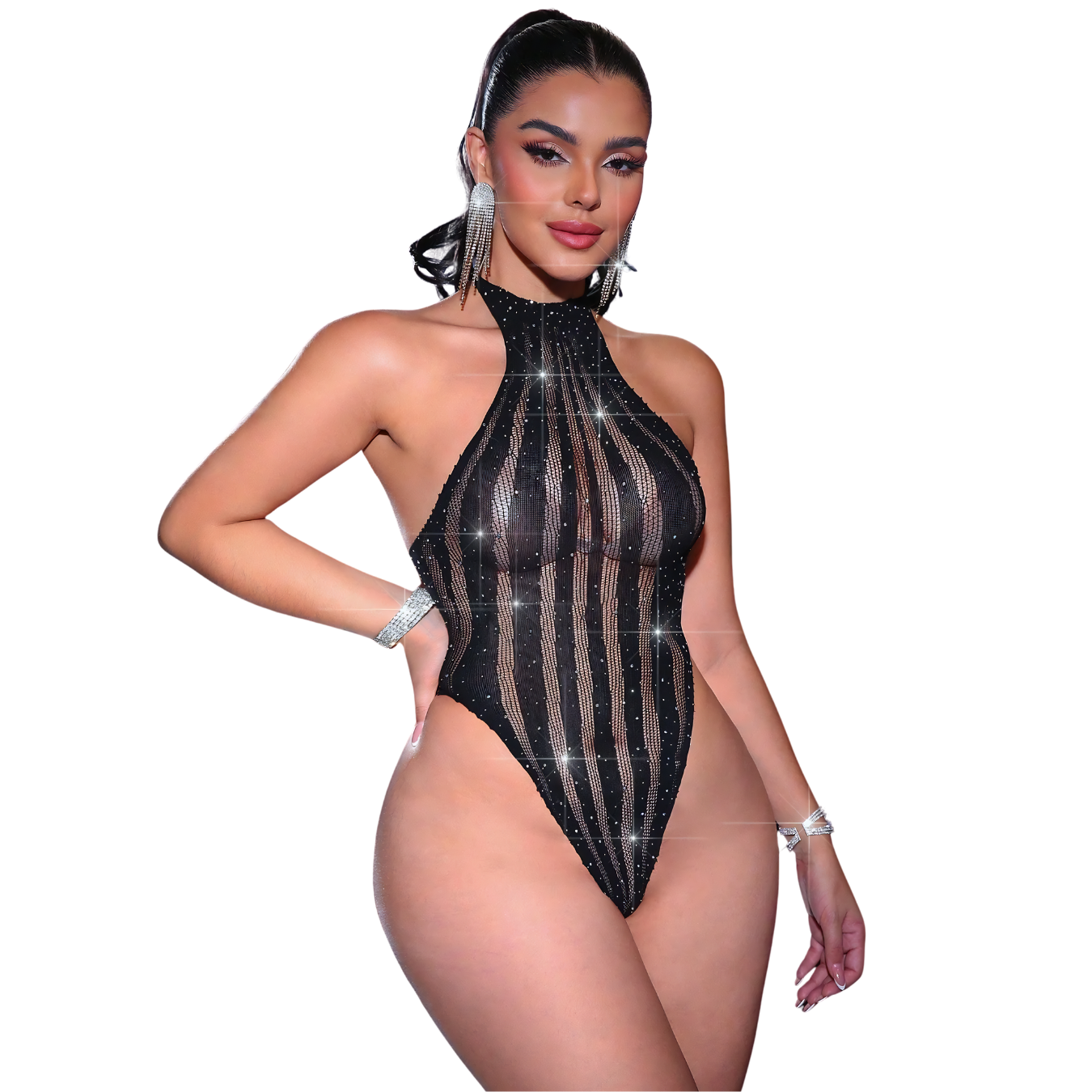 Body Sexy Donna Nero Trasparente con Strass Lingerie…