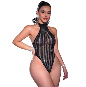 Body Sexy Nero Trasparente con Strass e Schiena Scoperta