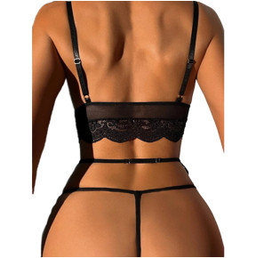 Completino Sexy Nero in Pizzo con Reggicalze Reggiseno e Perizoma Hot Lingerie